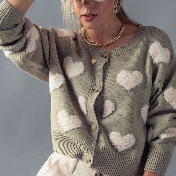 NEW Sage Green Fuzzy Hearts Long Sleeves Button Front Sweater Knit Crop Cardigan - Picture 10 of 11